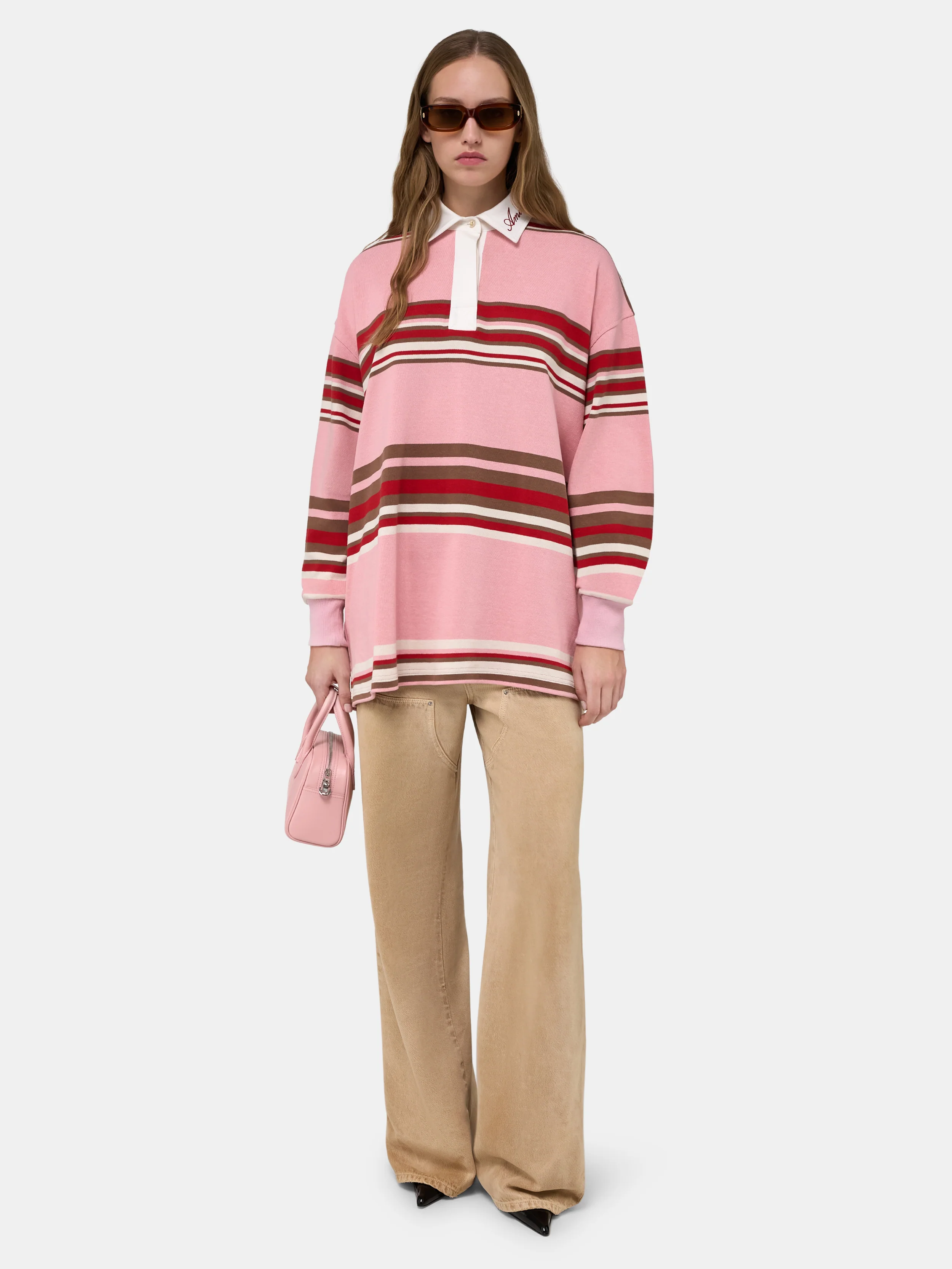 WOMEN - WOMEN'S STRIPED OVERSIZED LONG SLEEVE POLO - Pink - Image 2