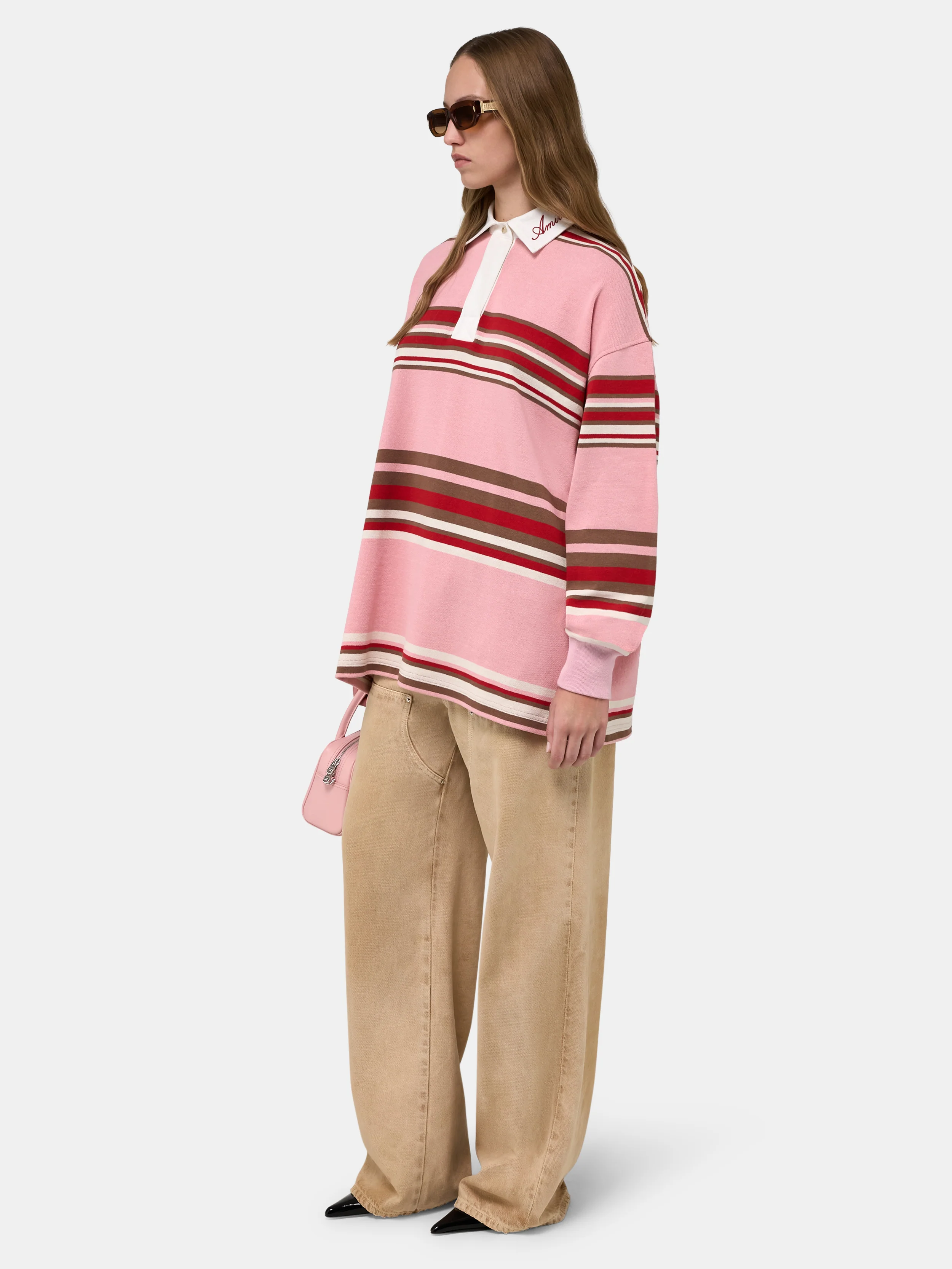 WOMEN - WOMEN'S STRIPED OVERSIZED LONG SLEEVE POLO - Pink - Image 3